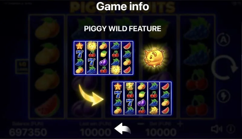 Piggy Fruits – spillskjerm med 5x4 rutenett og fruktsymboler